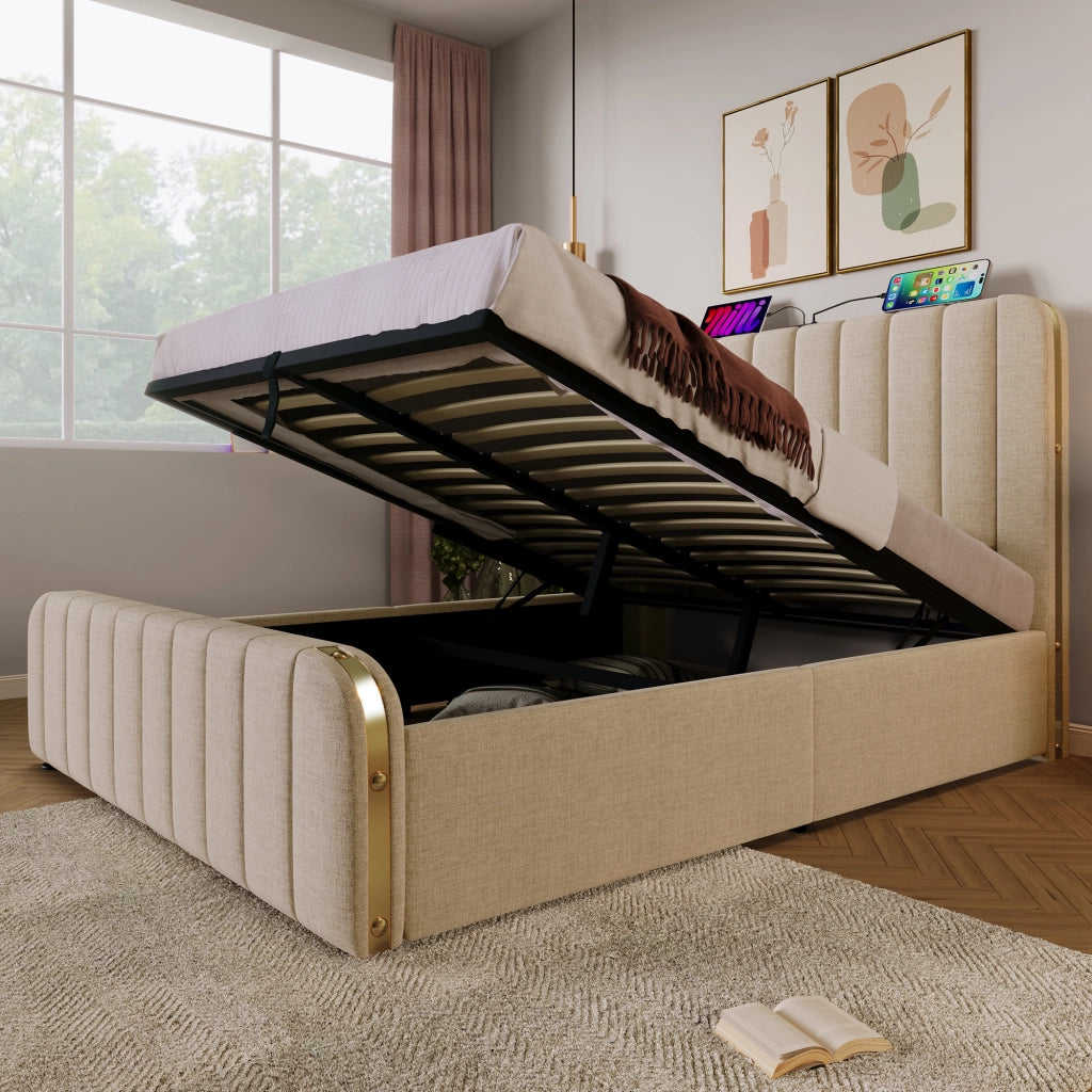 Letto Contenitore Matrimoniale 160x200 cm; USB e Type-C; in Lino Beige