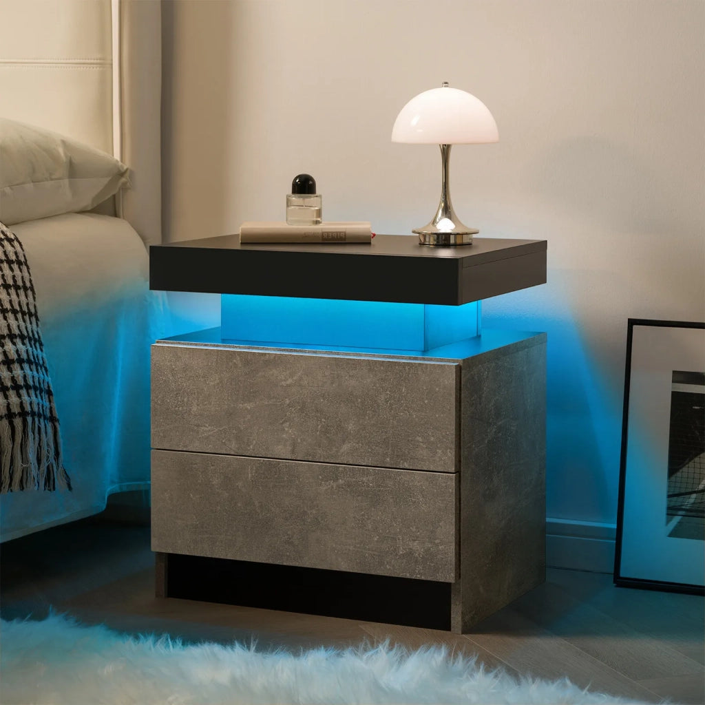 Comodino moderno con 2 cassetti, luci LED integrate, grigio