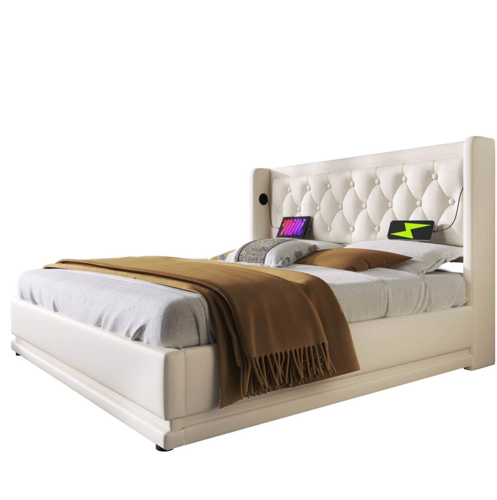 Letto matrimoniale imbottito 140x200 cm con contenitore, USB Type-C e LED