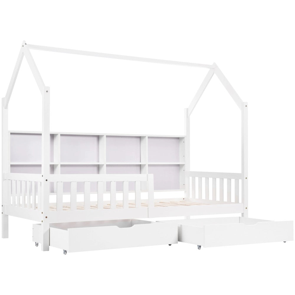 Letto Casetta per Bambini con Cassetti, Libreria e Contenitore ¨C MINIMAL ¨C Bianco 90x200