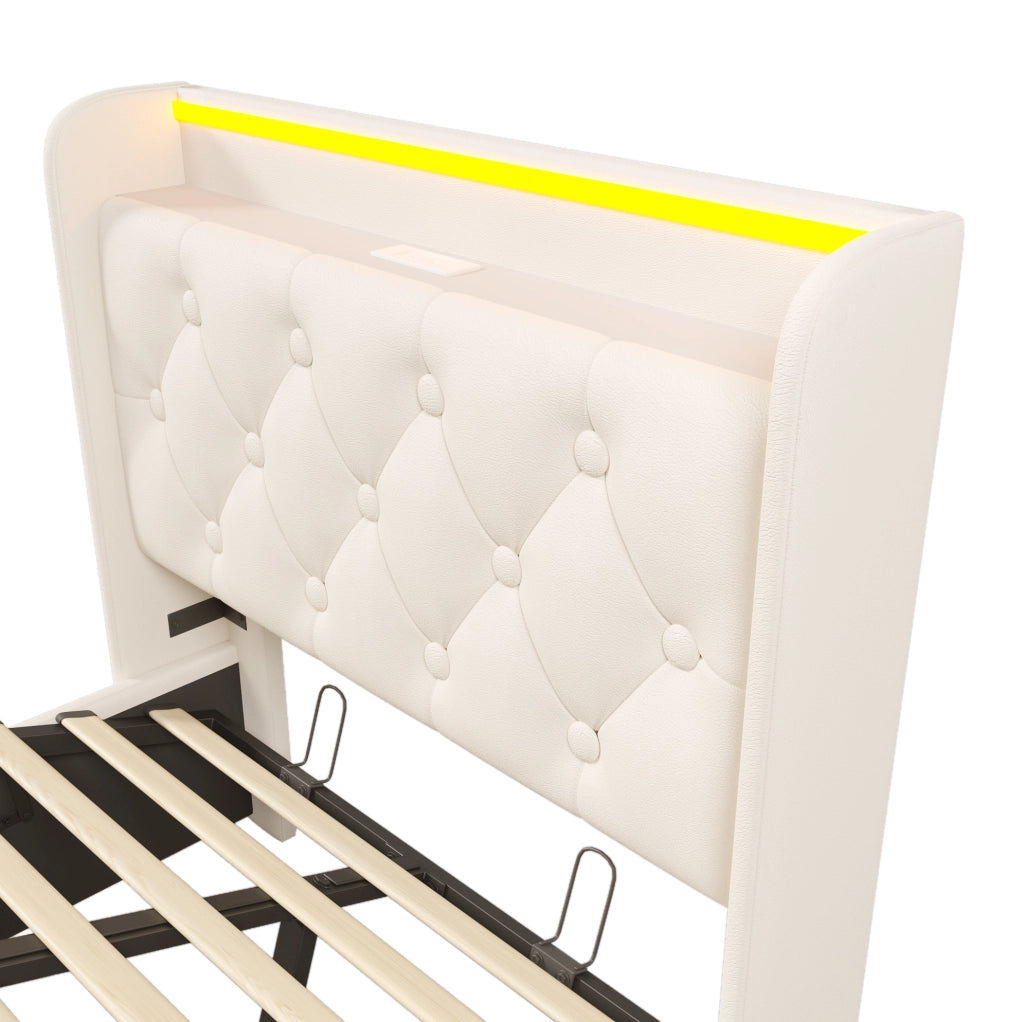 Letto imbottito singolo con LED 360°; USB e Type-C; contenitore idraulico; 90x200 cm; bianco PU