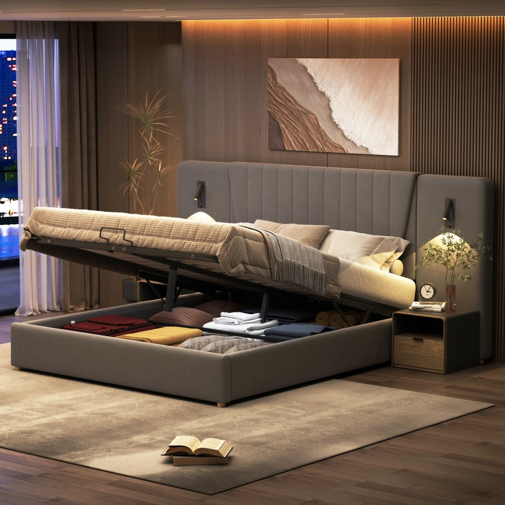 Letto matrimoniale imbottito 180x200 cm con schienale extra lungo, lampada da lettura orientabile e porta USB, spazio contenitore idraulico, tessuto in velluto grigio