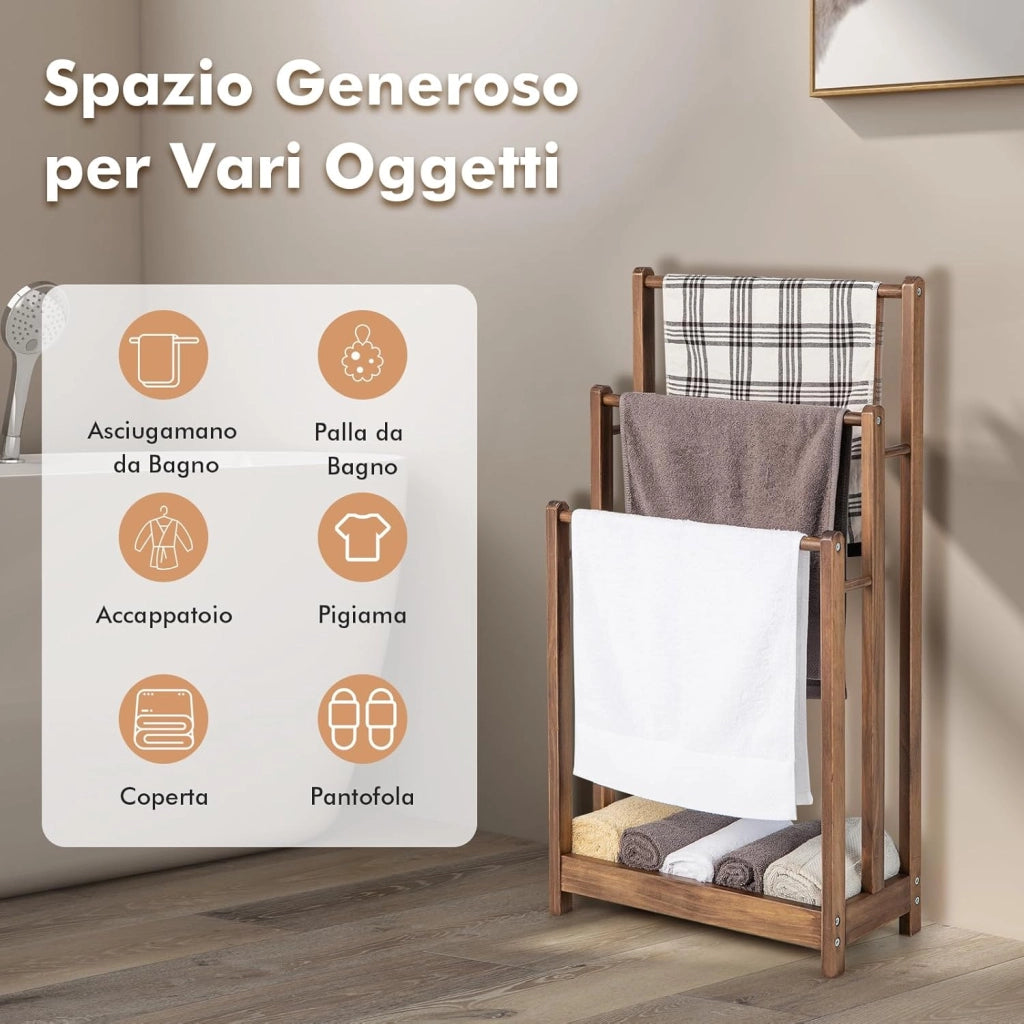 Portasciugamani in Legno da Terra, Porta Asciugamani a 3 Livelli con Mensola Inferiore, Dispositivo Anti-Ribaltamento, Supporto Leggero per Asciugamani da Bagno e Stanza Lavanderia (Marrone)