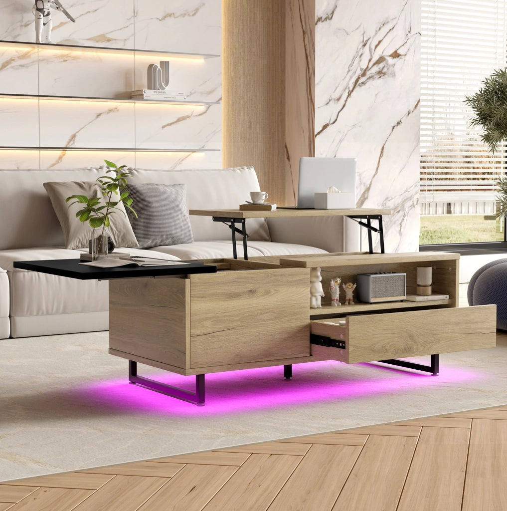 Tavolino da caffè sollevabile con LED blu, cassetto e vani, 103,5 cm