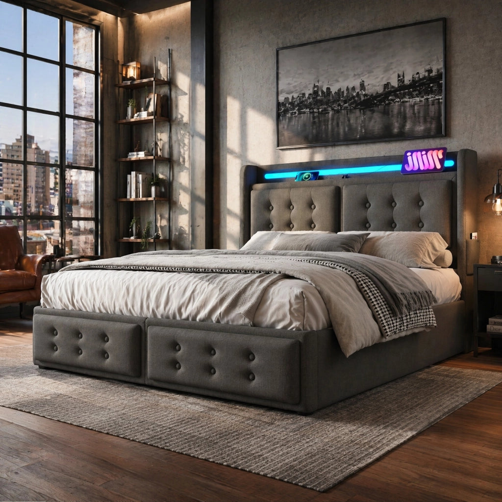 Letto contenitore 140 × 200 cm con LED; prese USB e Type-C; grigio