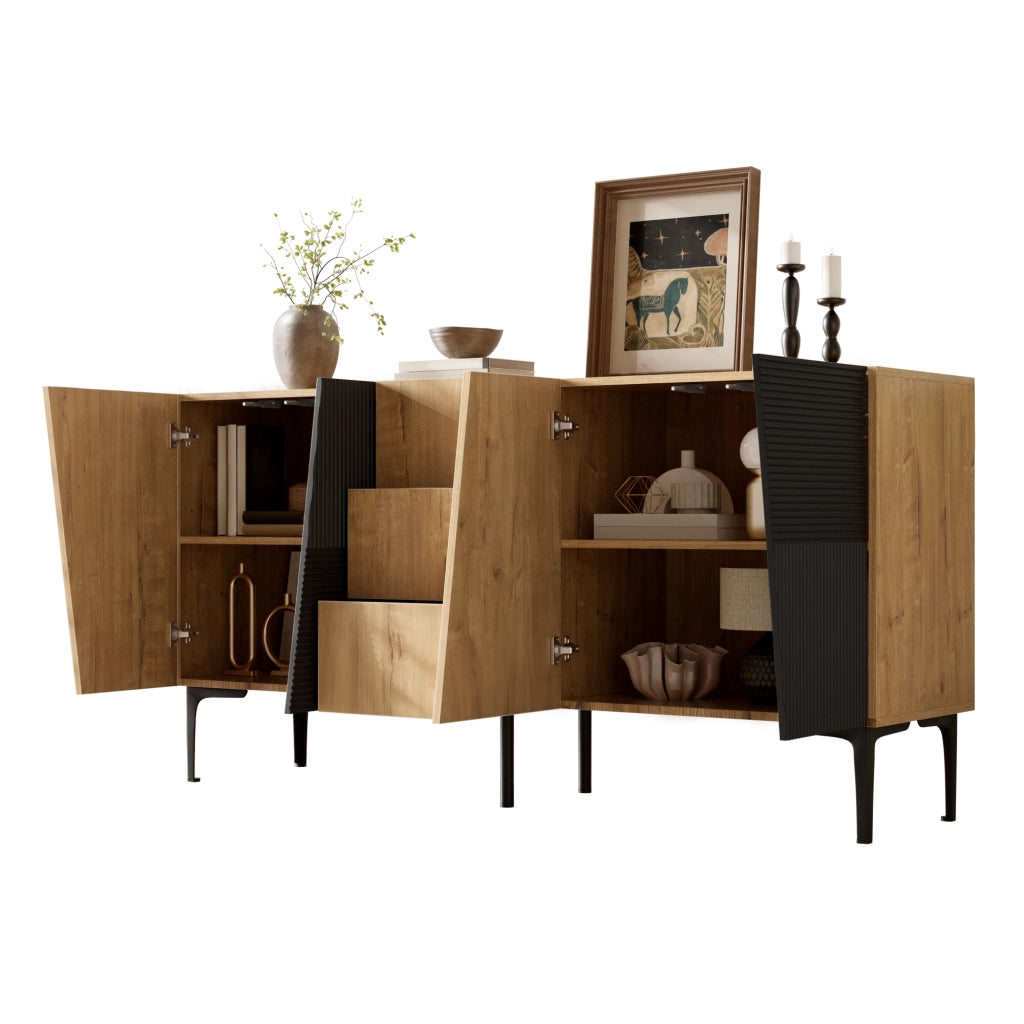 Credenza con 4 ante, 3 cassetti e ripiani regolabili per soggiorno, in truciolare nero e naturale, 160 × 40 × 80 cm