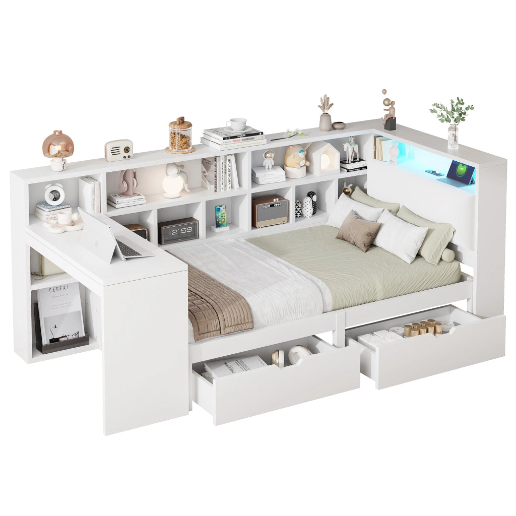 Letto per bambini 90x200 cm a L con scrivania; libreria; cassetti; LED e USB; MDF e compensato bianco