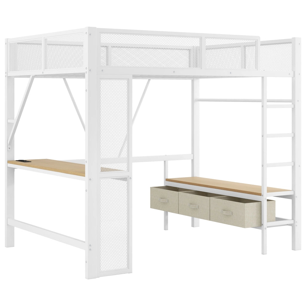 Letto a soppalco 140x200 cm in metallo bianco con scrivania; LED e cassetti