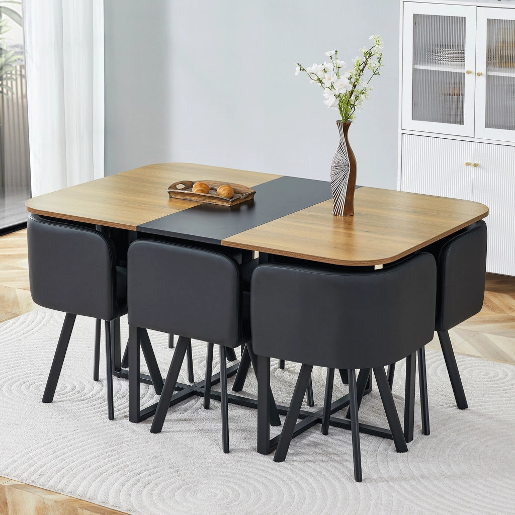 Set tavolo e sedie da pranzo estensibile in MDF metallo e PU nero e legno per cucina