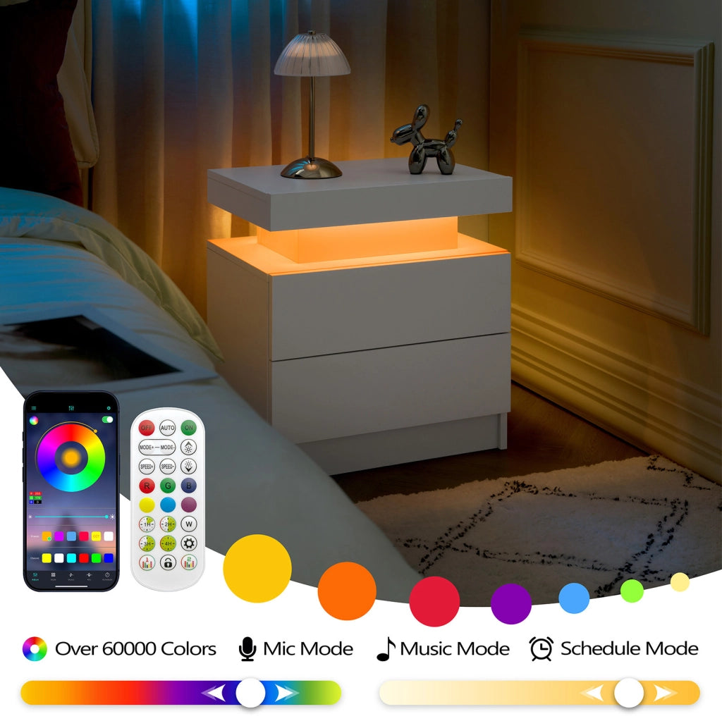 Set di 2 comodini ULEVR bianchi con LED multicolore regolabile, vano aperto e 2 cassetti