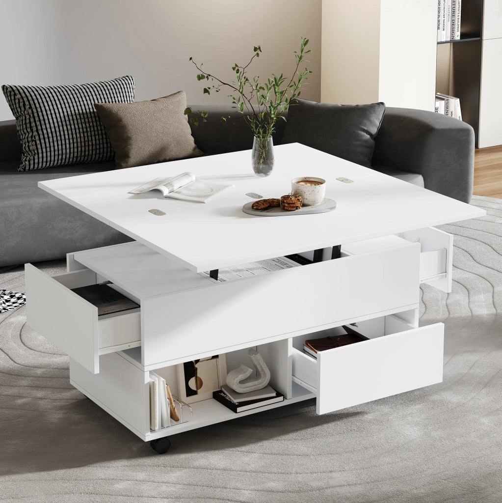 TAVOLINO Alzabile 100x50x52 cm Bianco con Ruote e 4 Cassetti