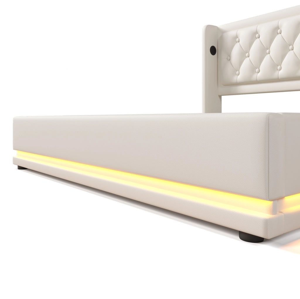 Letto matrimoniale imbottito 140x200 cm con contenitore, USB Type-C e LED