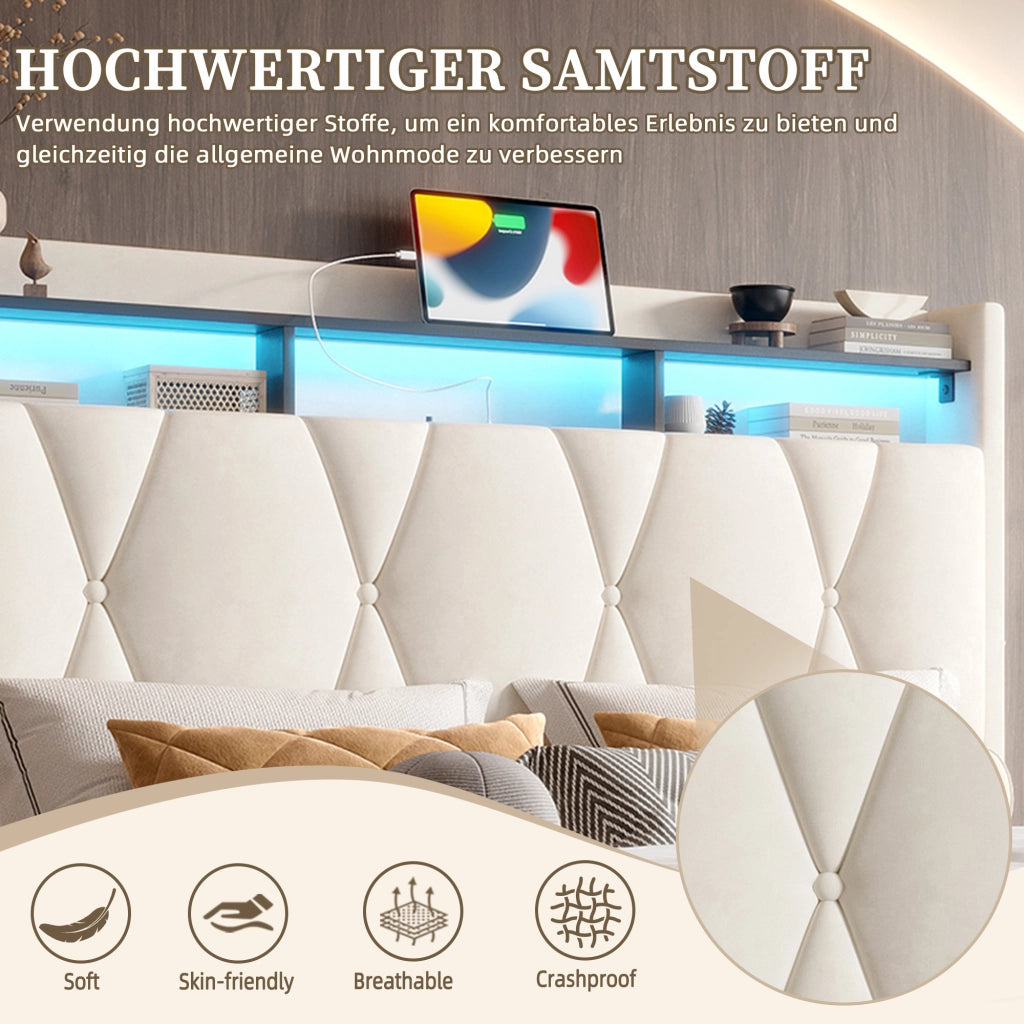 Struttura letto imbottita 160 x 200 cm con LED, USB-C, contenitore sotto il letto e testiera con contenitore idraulico - Beige, senza materasso