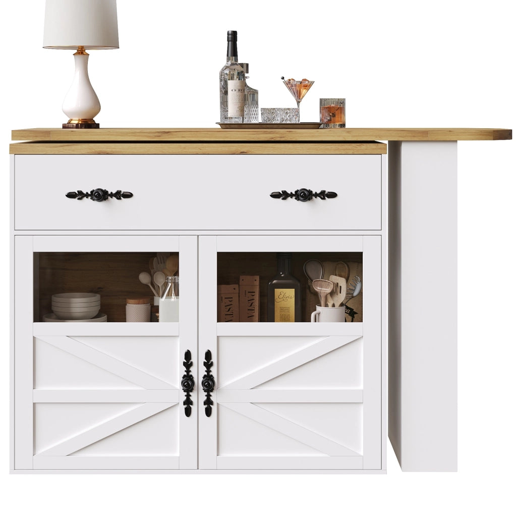 Tavolo bar allungabile girevole 360° con spazio contenitivo, 138-204 x 39 x 104 cm, bianco