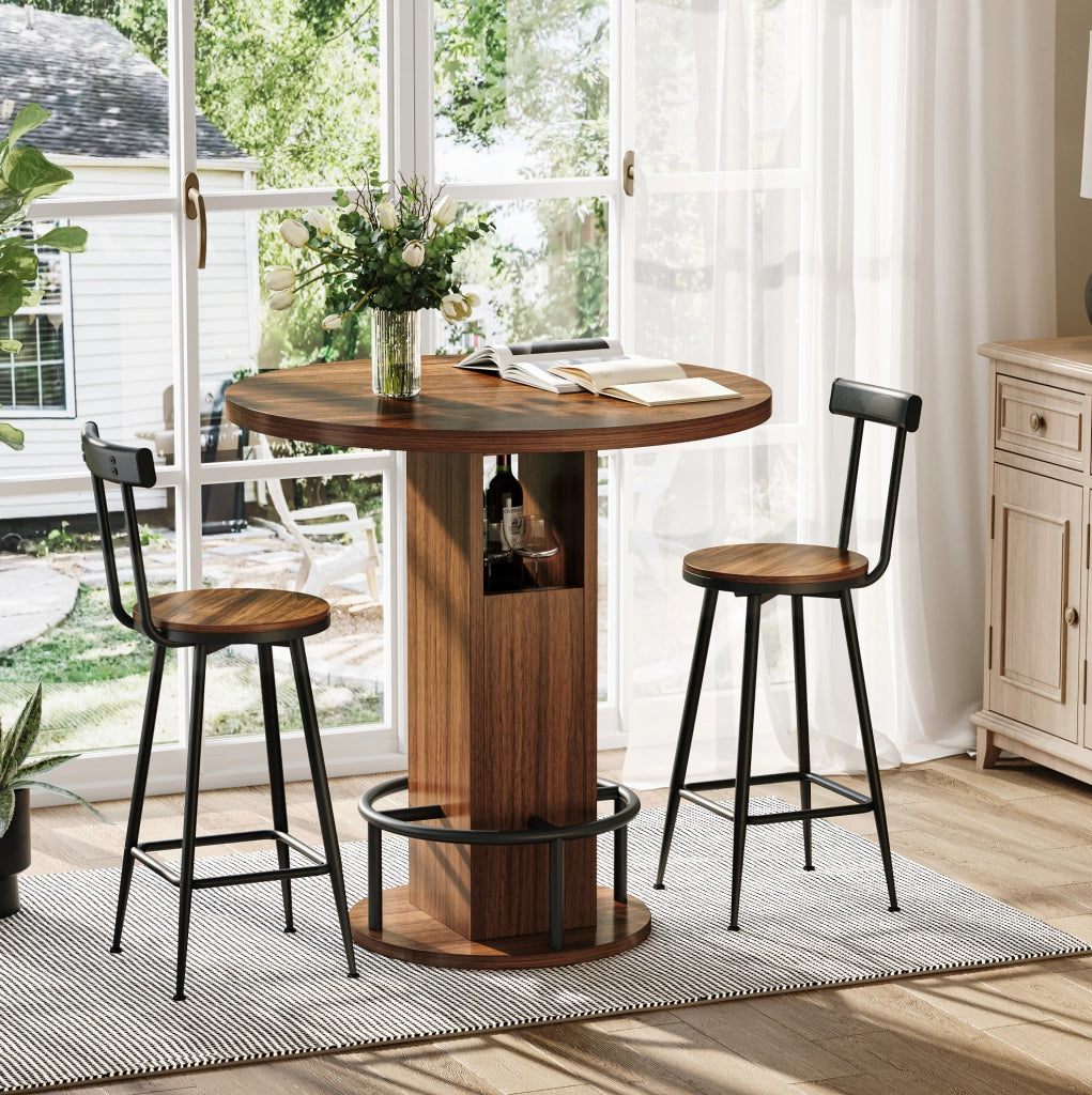 TAVOLO BAR ROTONDO 80 cm Noce Set 3 pezzi con 2 sgabelli