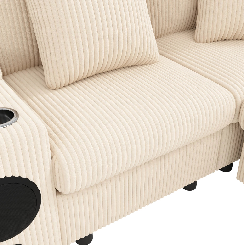 Divano modulare U/L in velluto a coste beige con console Bluetooth; ricarica wireless; USB e Type-C