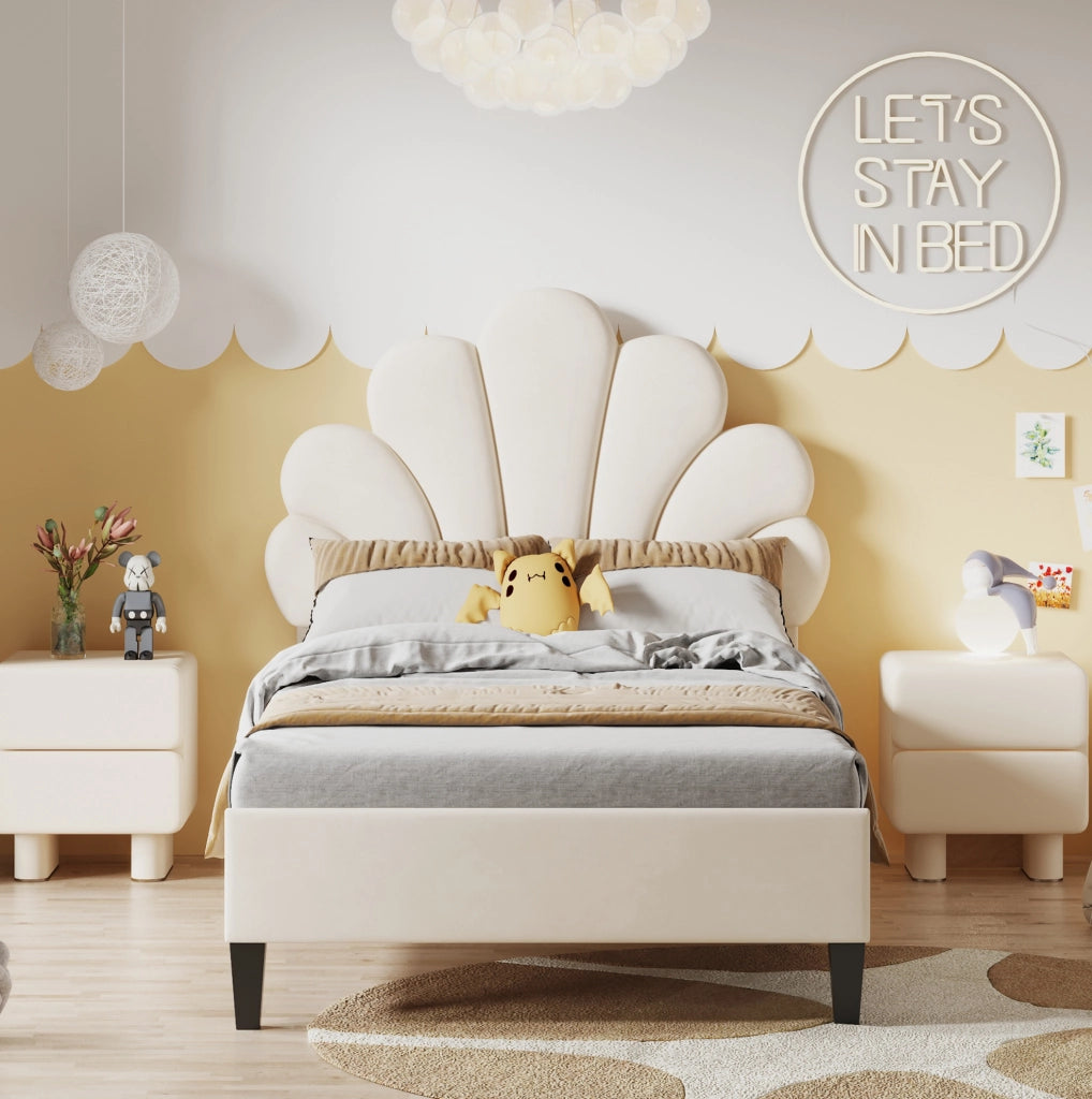Letto imbottito 90x200 cm con testiera floreale beige