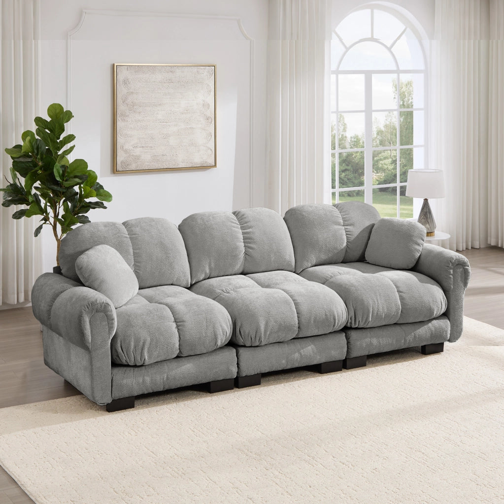 Divano 3 Posti in Chenille Grigio Chiaro con Cuscini Decorativi e Sedute Imbottite 260x86x90 cm