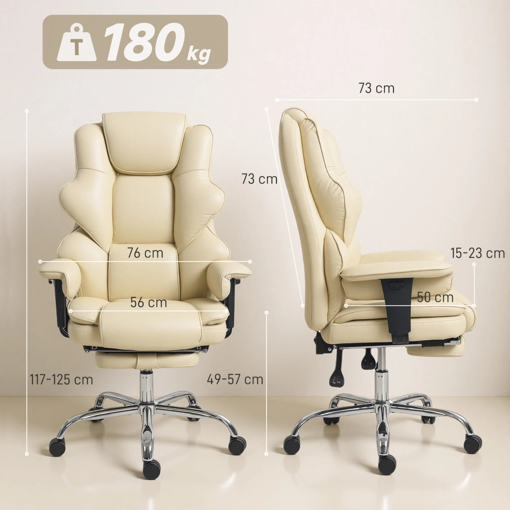 Sedia da Ufficio con Poggiapiedi e Poggiatesta, in Pelle PU, Schiuma e Metallo, 76x73x117-125 cm, Bianco Crema