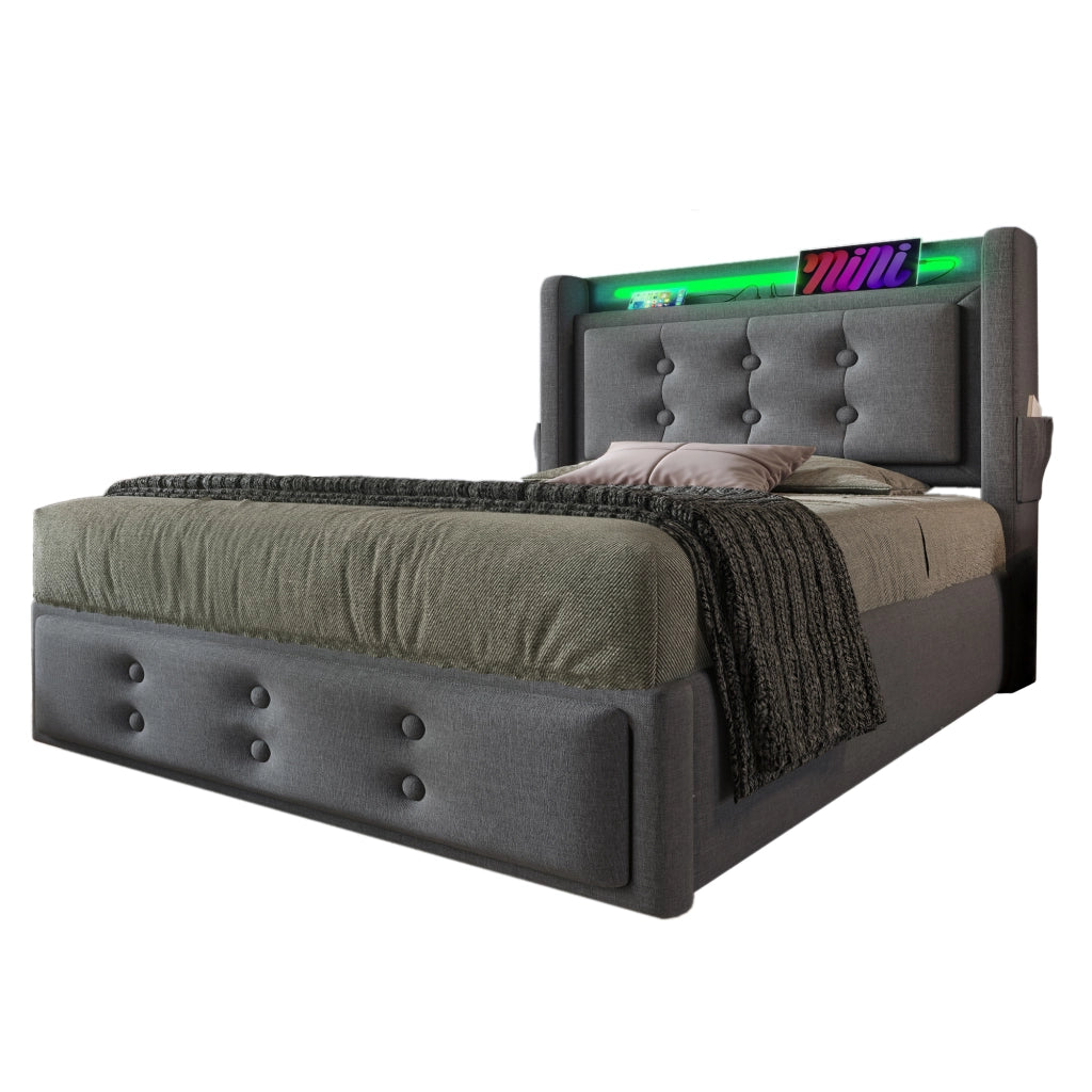 Letto singolo imbottito 90x200 cm con testiera LED e contenitore