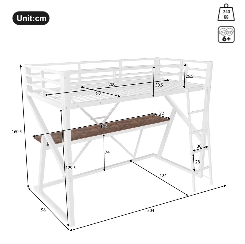 Letto a soppalco 90x200 cm bianco con scrivania, LED, scala e sponde