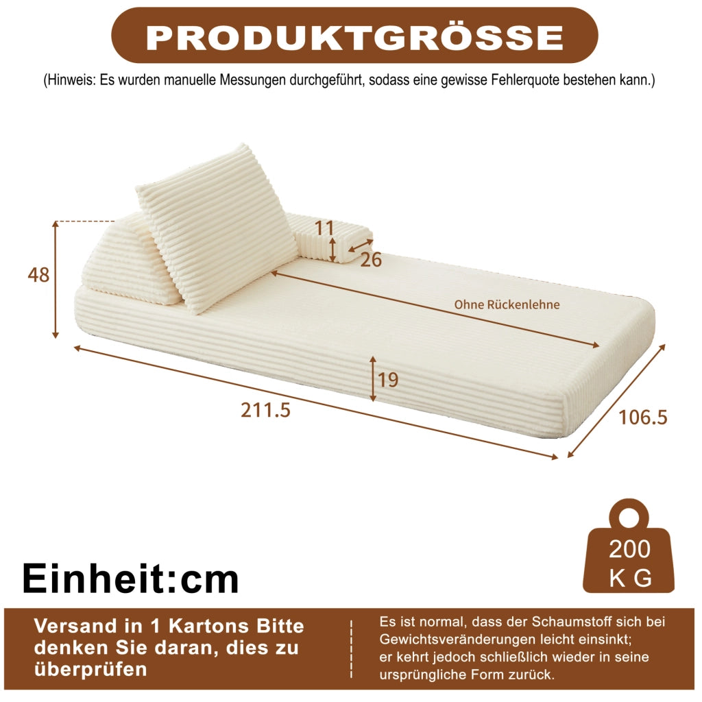 Divano modulare 211,5x106,5x48 cm in tessuto a coste beige con braccioli mobili