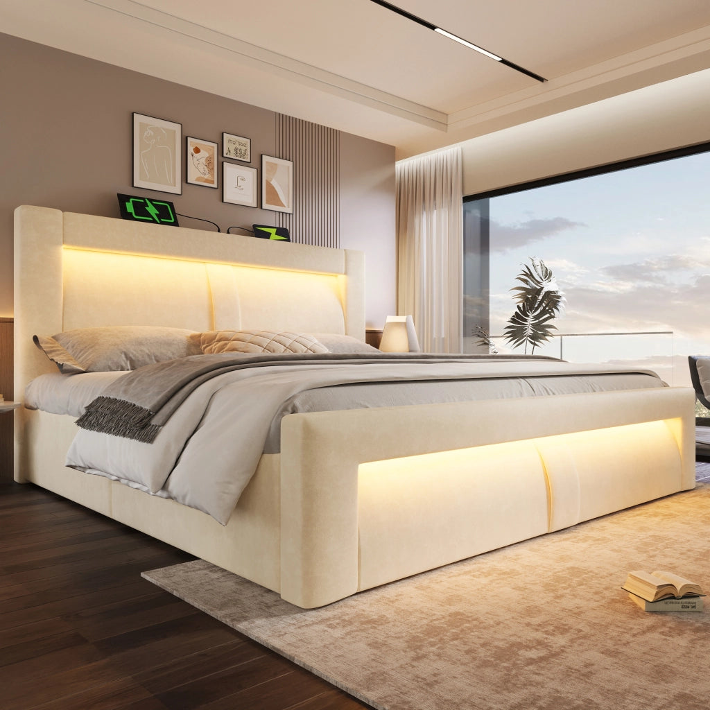 Letto matrimoniale contenitore 140 × 200 cm con testiera curva in velluto beige LED USB e Type-C