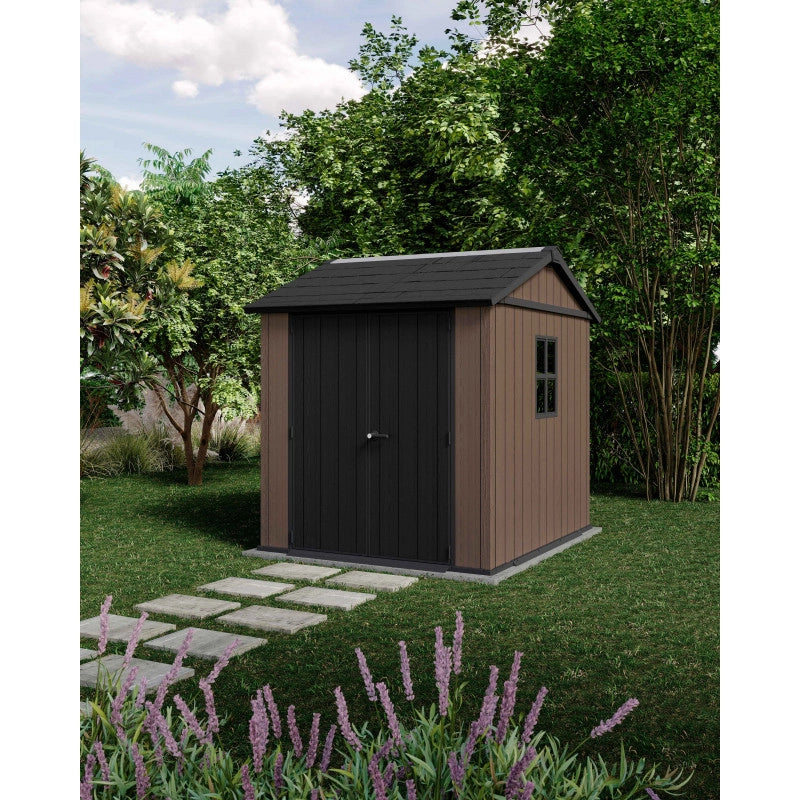 Casetta da giardino in resina EVOTECH+ 223x230 cm - con pavimento e doppia porta - carico neve 150 kg/m² – Newton Plus 757/775 - Marrone - Keter