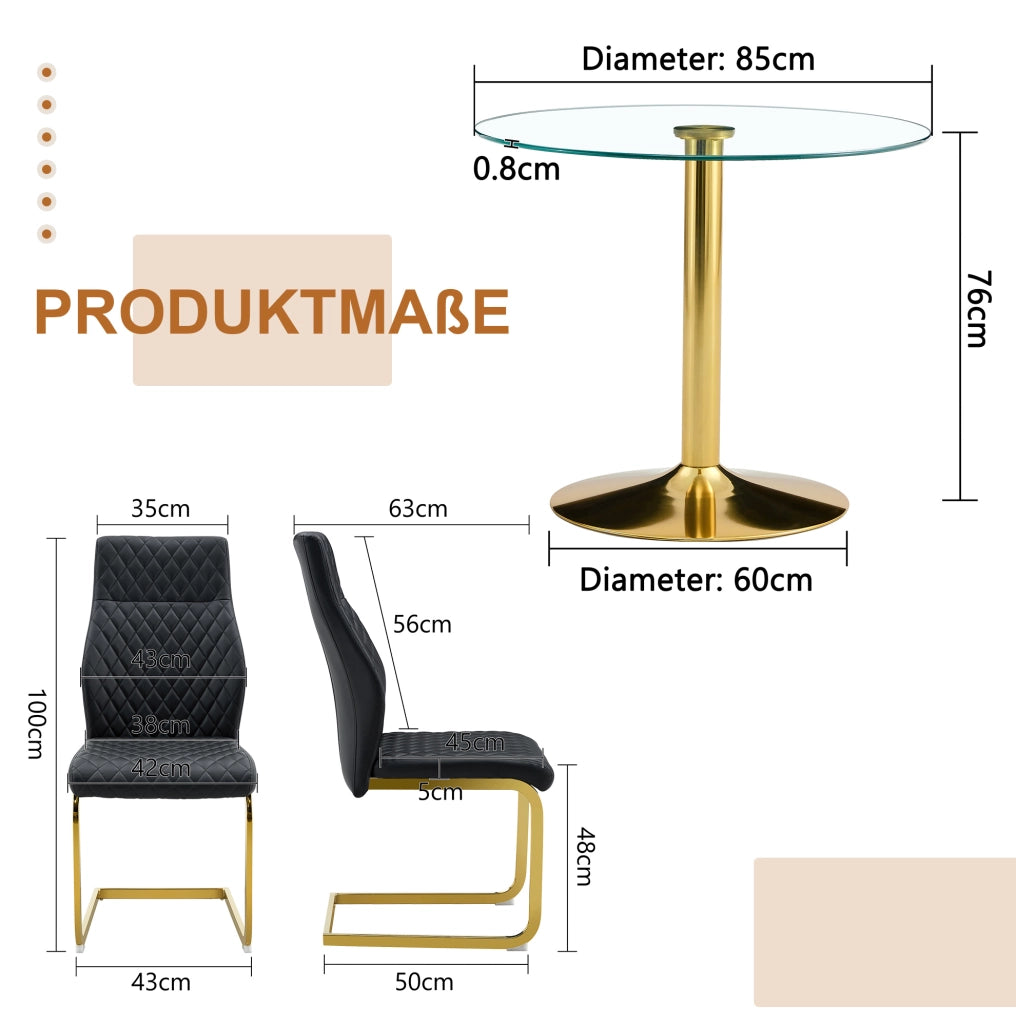 Set tavolo rotondo in vetro temperato e sedie nero oro