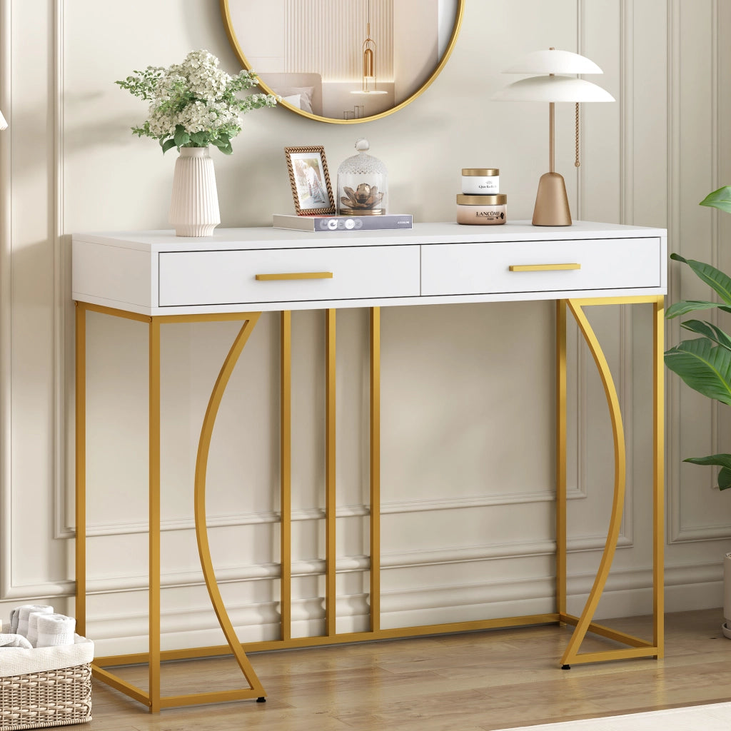Consolle con cassetto e gambe regolabili struttura in metallo piano in MDF bianca portata 60 kg