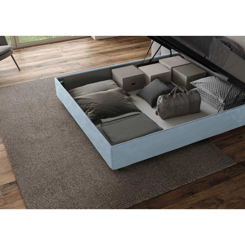 Letto imbottito Letto Matrimoniale alla Francese 150x190 cm Mika - Contenitore,Microfibra,Azzurro