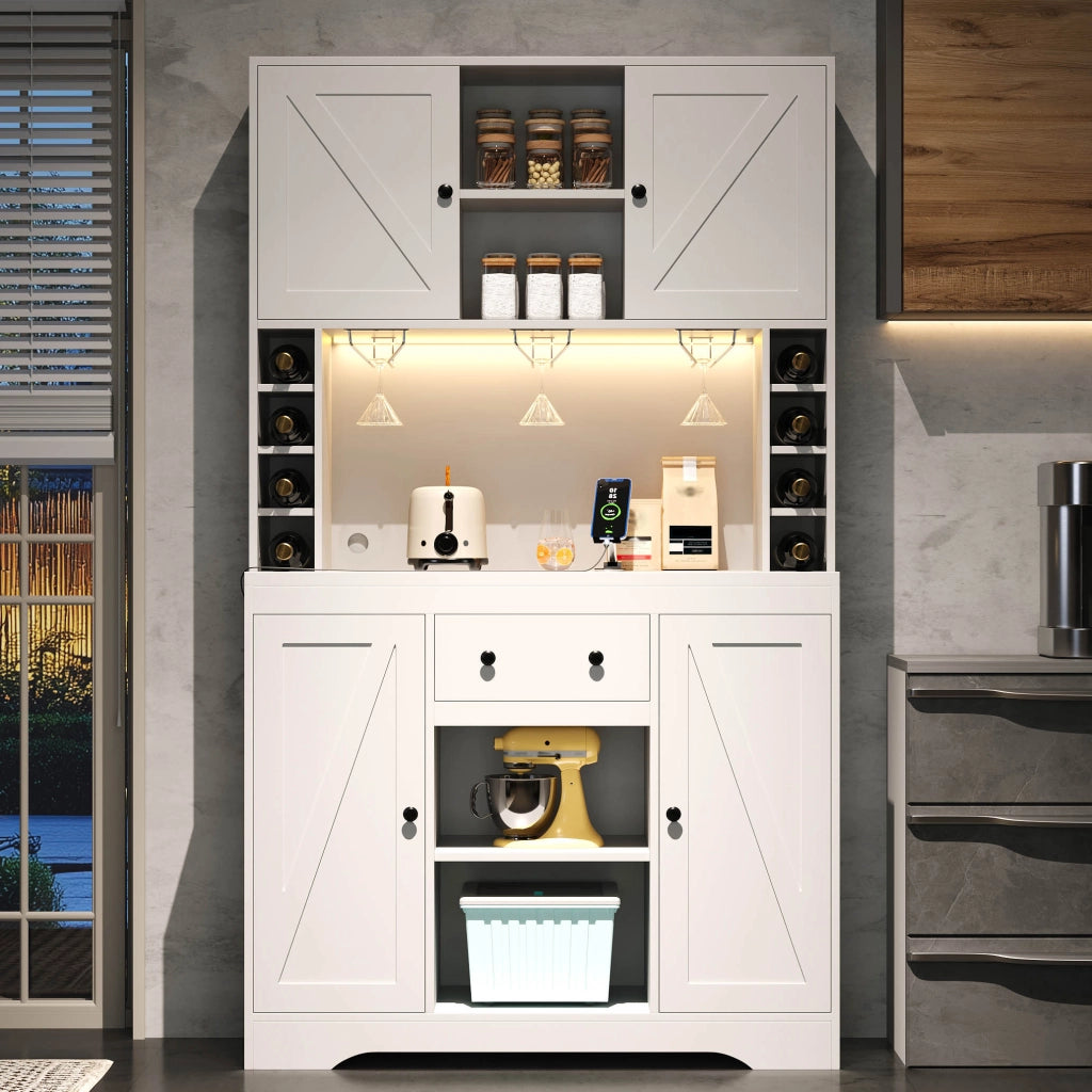 Mobile colonna da cucina con ripiani regolabili cassetto portabottiglie LED e prese bianco 105 × 40 × 180 cm