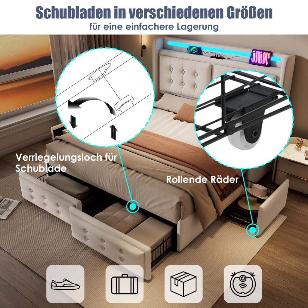 Letto con cassetti 180 × 200 cm LED e ricarica USB-C; testiera imbottita; cotone e lino beige