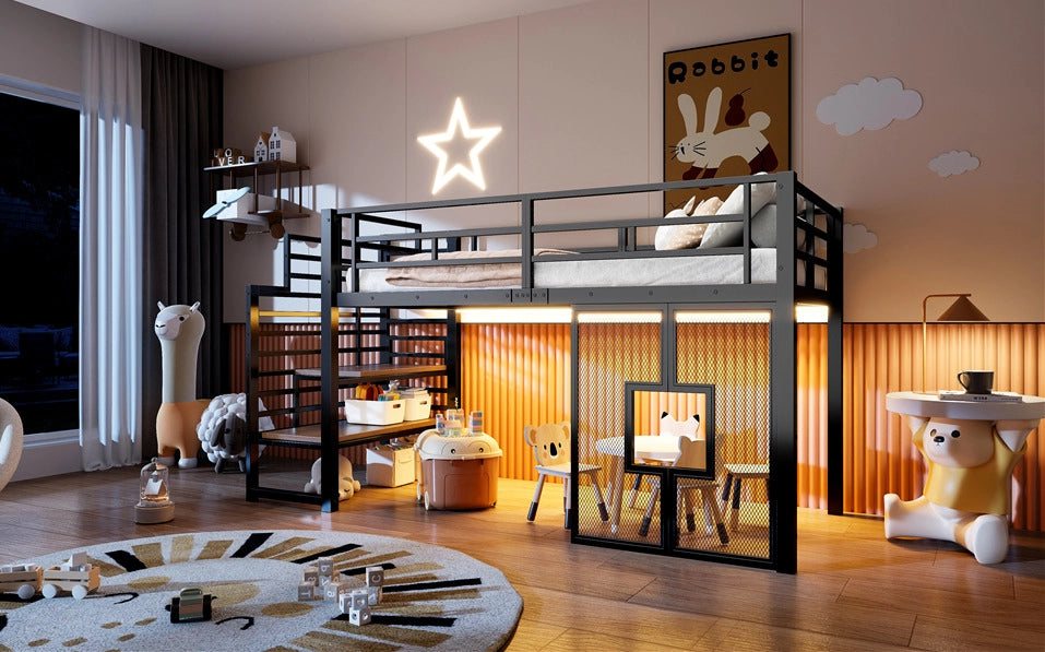 LETTO a soppalco in metallo 90x200 cm Nero con scala e luci LED