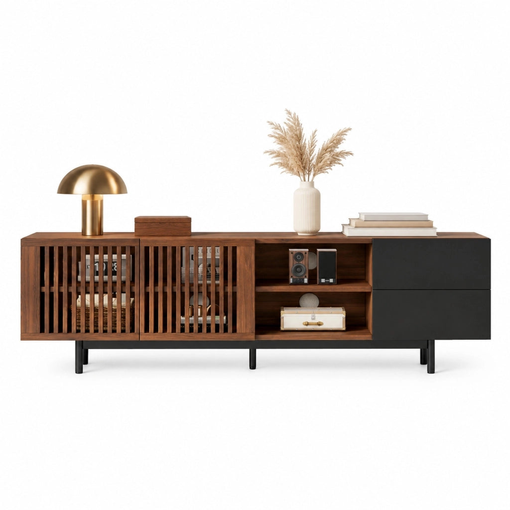 Mobile TV 160 × 38 × 50 cm in MDF; 2 ante e 2 cassetti; noce e nero