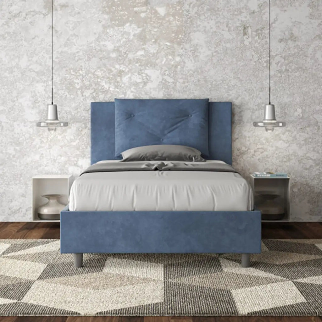 Letto una piazza e mezza con rete imbottito 120x190 microfibra blu Appia