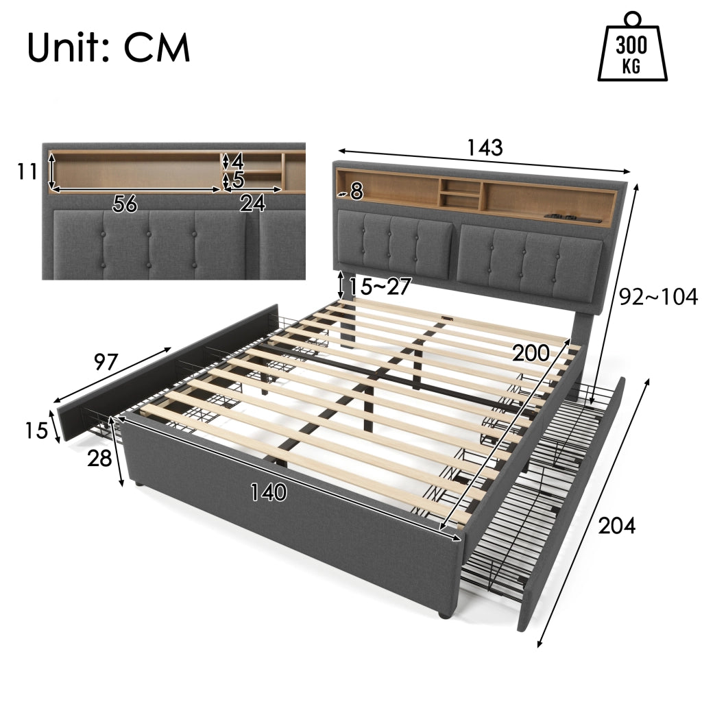 Letto imbottito 140x200 con 4 cassetti e materasso