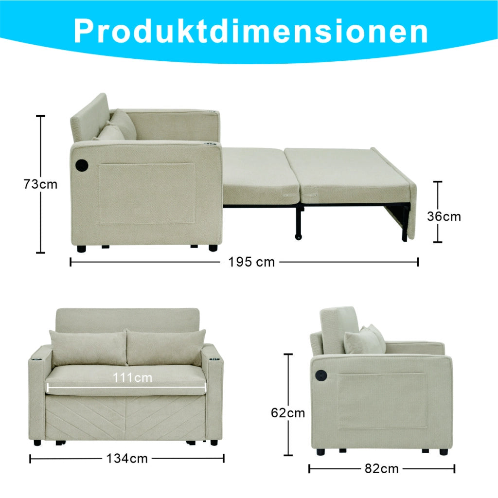 Divano Letto 2 Posti con USB ¨C MINIMAL ¨C Beige, Trasformabile