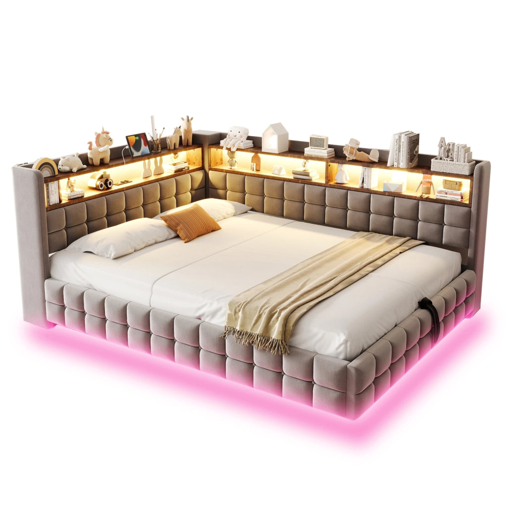 Letto Poltrona Multifunzionale 140x200 cm con Contenitore Idraulico, Mensole in Legno, Illuminazione LED, Prese USB e Tipo-C, Rivestimento in Velluto Grigio Chiaro