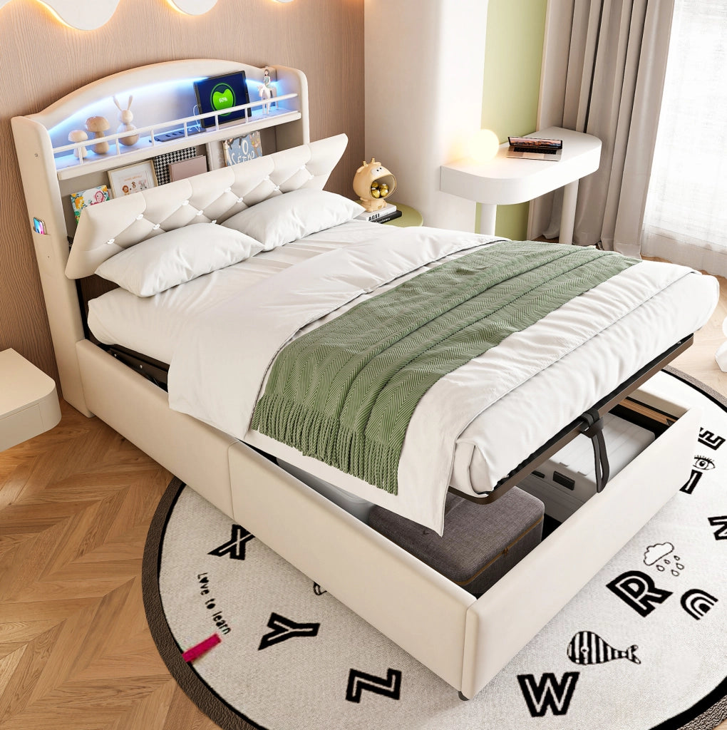 Letto imbottito per bambini 90x200 cm in velluto beige con LED, USB e vano contenitore