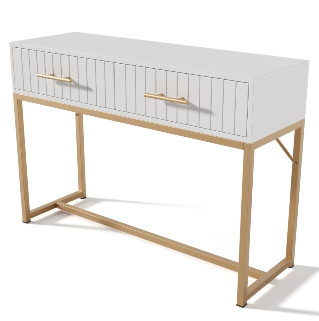 Schminktisch Weiß mit 2 Schubladen, 75 cm Höhe, 100x45 cm, Metallfuß und Spanplatte
