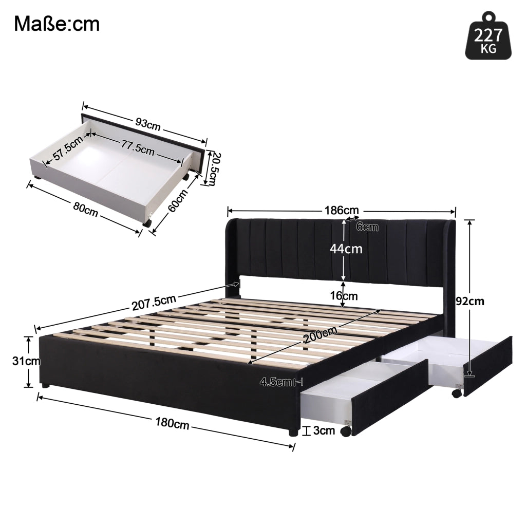 Letto contenitore 180x200 cm con cassetti in velluto nero