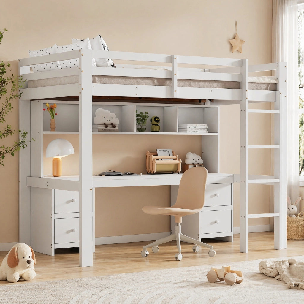 Letto a soppalco 90x200 cm con scrivania; 4 cassetti; in pino e MDF; bianco