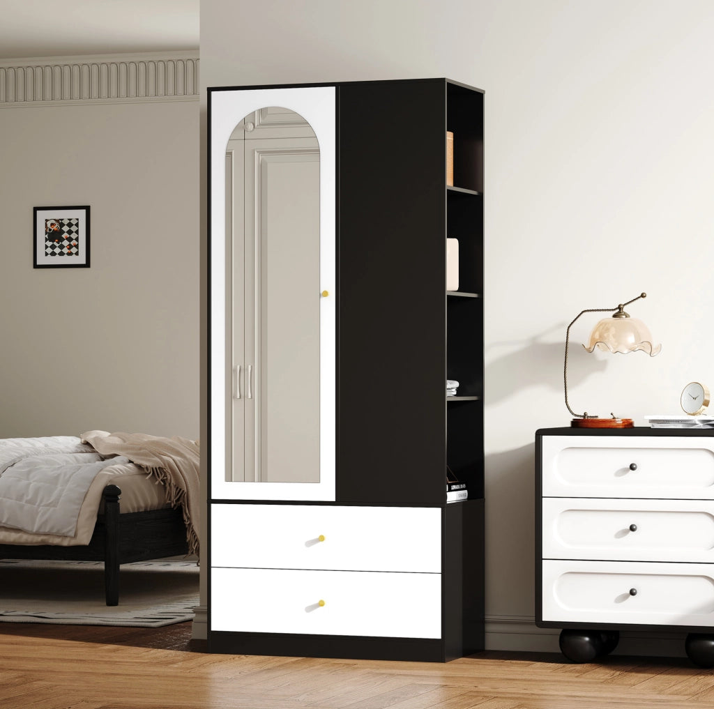 Armadio 1 anta con specchio; 2 cassetti e 4 ripiani; 80 × 40 × 180 cm; bianco e nero
