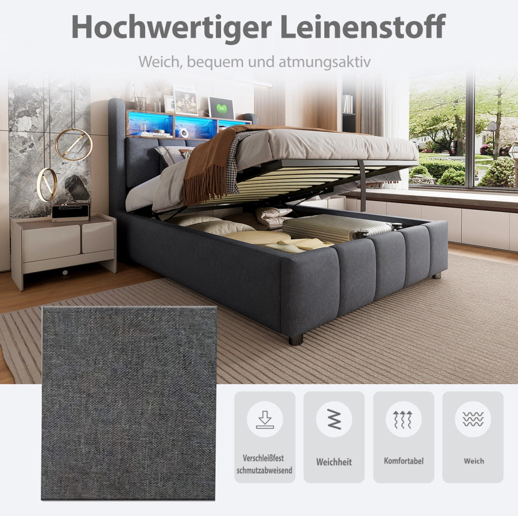 Letto imbottito con LED e porta USB Tipo C, contenitore idraulico 90x200 cm, grigio