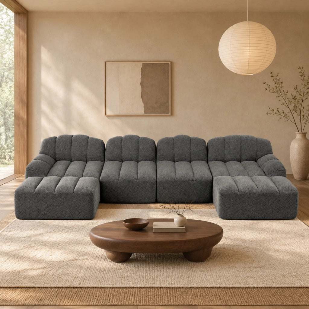 Divano modulare a U 366x165x79 cm bouclé grigio 4 posti