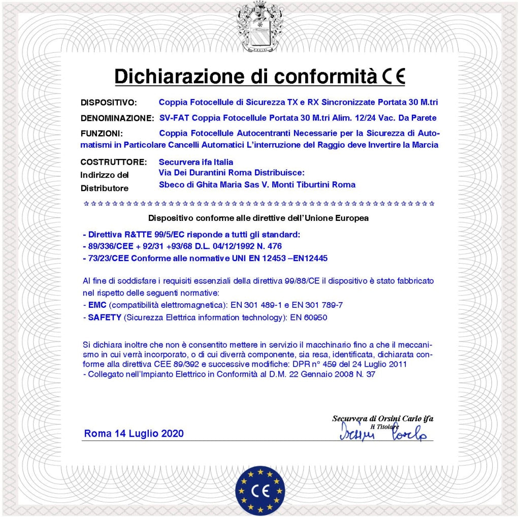 Fotocellule Portata 30 Metri Lineari Una Coppia Sicurezza Passaggio Automazione Cancello Elettrico Allmatic Montaggio a Parete o Palina Alimentazione 12/24 Vac