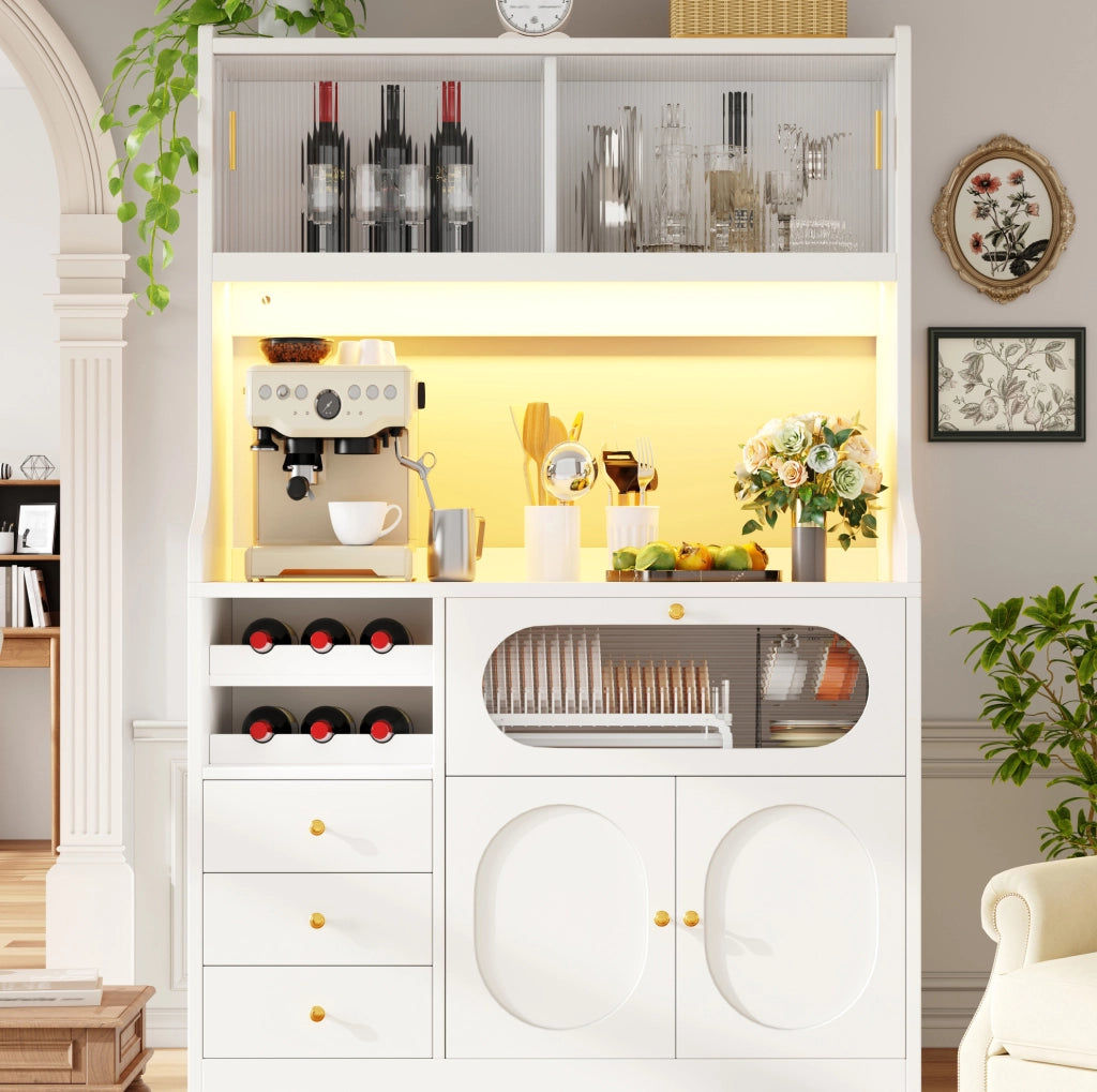 Mobile controllato armadio alto cucina 120 cm con LED RGB, porte scorrevoli in vetro, portabottiglie e ante a ribalta, 3 cassetti, bianco/nero