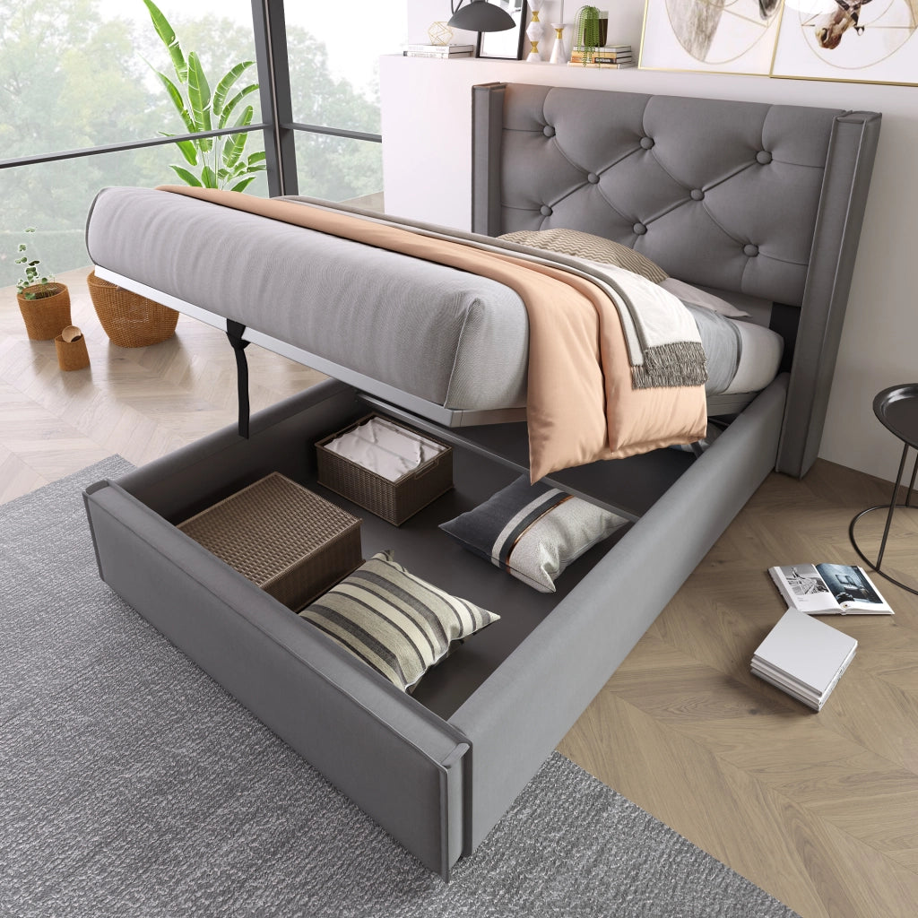 Letto imbottito grigio 90x200 cm con contenitore