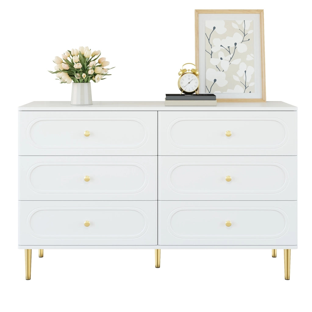 Sideboard bianco con 6 cassetti, design moderno con intagli ovali e gambe in metallo, mobile contenitore per soggiorno
